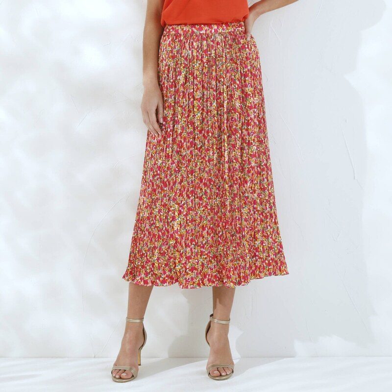 Plisovaná saténová midi sukňa s potlačou oranžová/ružová 036 62999414