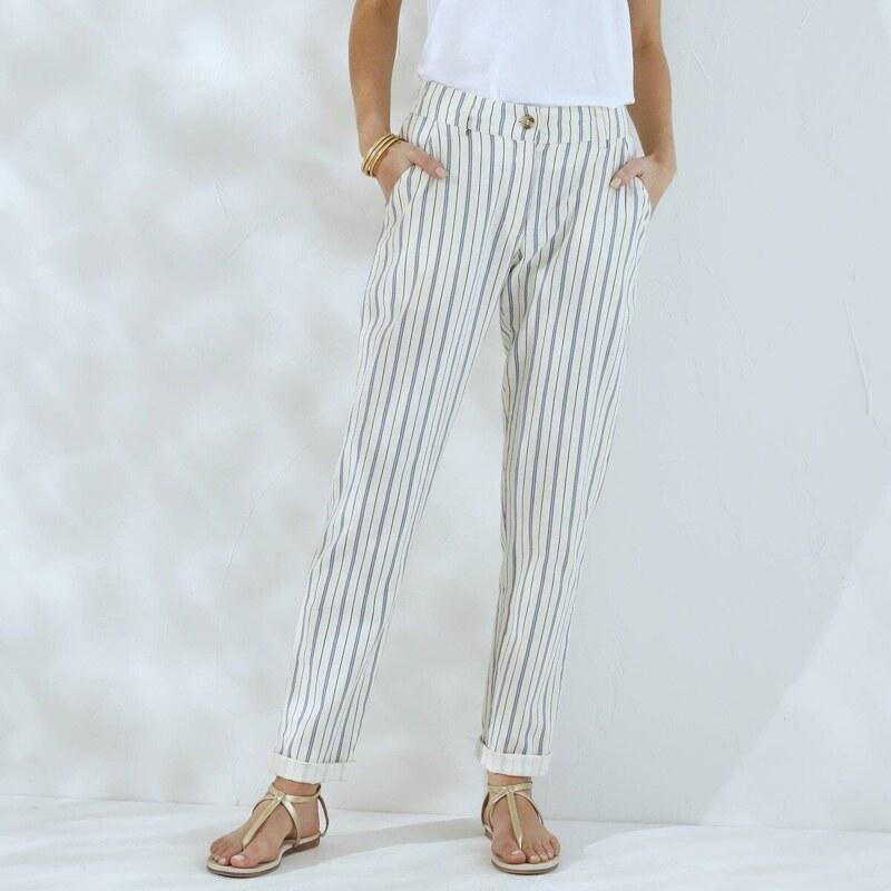 Chino nohavice s pružným pásom zo zmesi bavlny a ľanu s prúžkami ražná 62999433