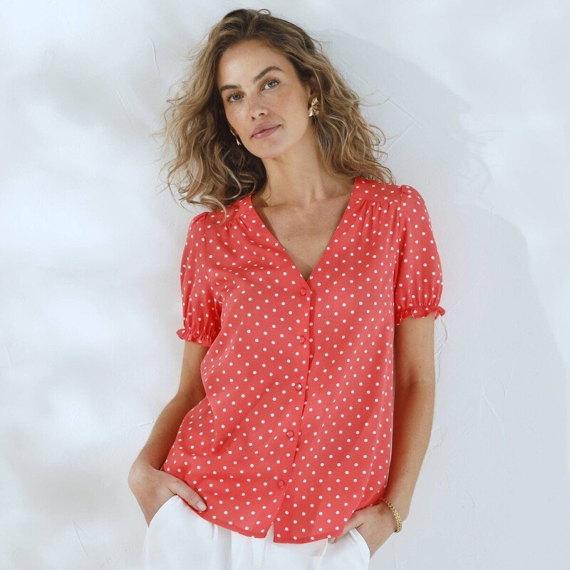 Blúzka s krátkymi rukávmi a bodkovanou potlačou koralová 038 62999451