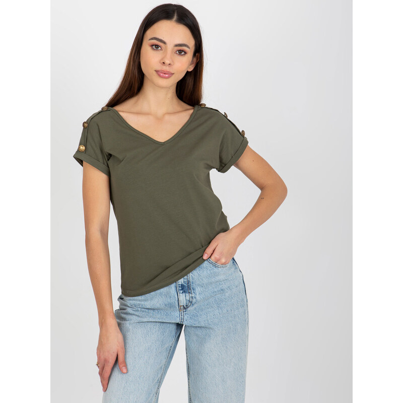 BASIC Tmavé khaki dámske tričko s výstrihom TW-BZ-BL-1006.56-dark 37778032