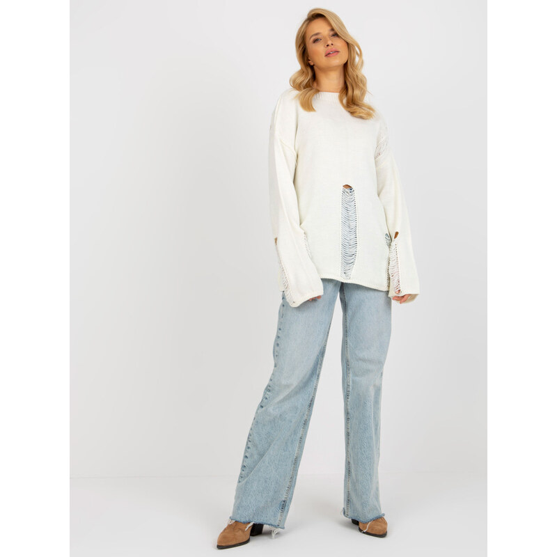 BASIC Smotanový sveter so širokými rukávmi a dierami BA-SW-8043.03 38159741