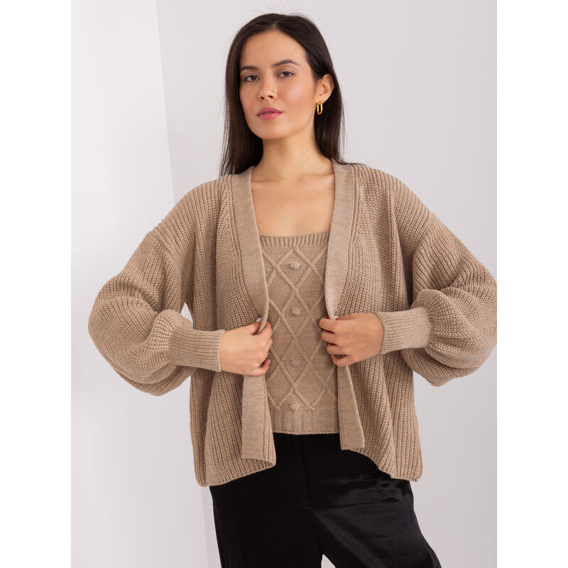 BASIC Tmavobéžový pletený komplet topu a svetra -BA-KMPL-8019.20-tm 46898685