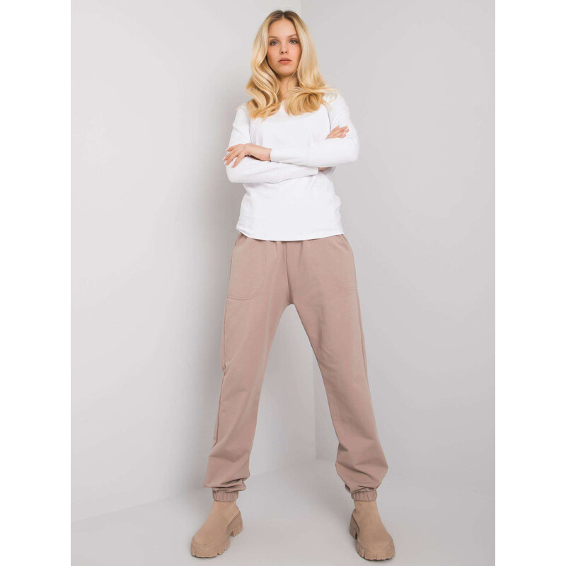 RUE PARIS Béžovo-biely dámsky komplet tričká a teplákov RV-KMPL-7338 57949017