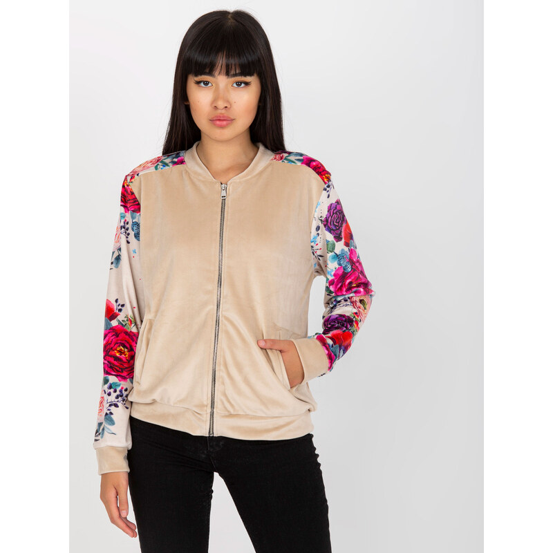 RUE PARIS Béžová velúrová mikina s kvetinami RV-BL-8235.38-beige 57950679