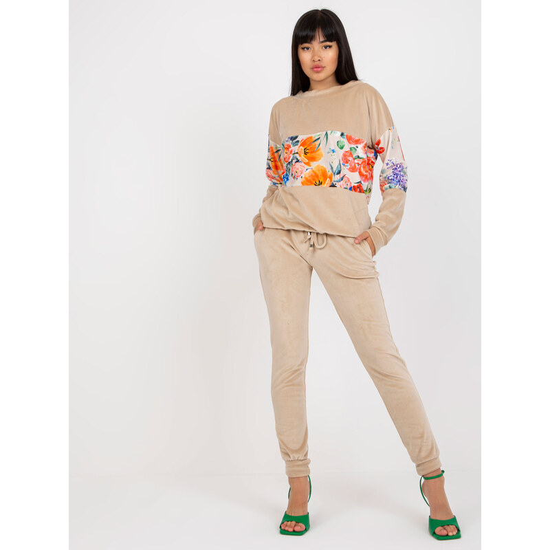 RUE PARIS Béžová tepláková súprava so vzorom kvetín RV-KMPL-8172.44P 57950689