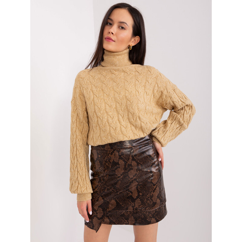 ITALY MODA Camel vrkôčikový sveter s rolákom AT-SW-2348.95-camel 57953762