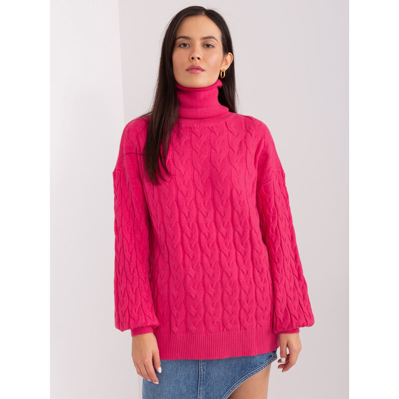 ITALY MODA Tmavoružový rolák s vrkočovým vzorom AT-SW-2348.93-fuchsia 57953771