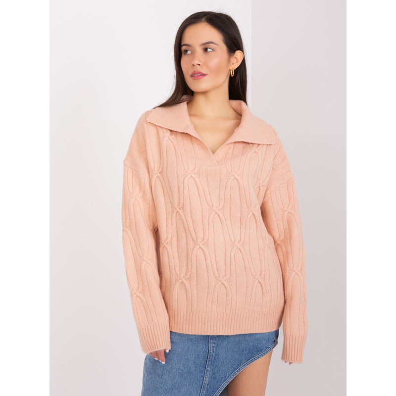 ITALY MODA Broskyňový sveter s golierom -AT-SW-2349-2.96-brzoskwiniowy 57953790