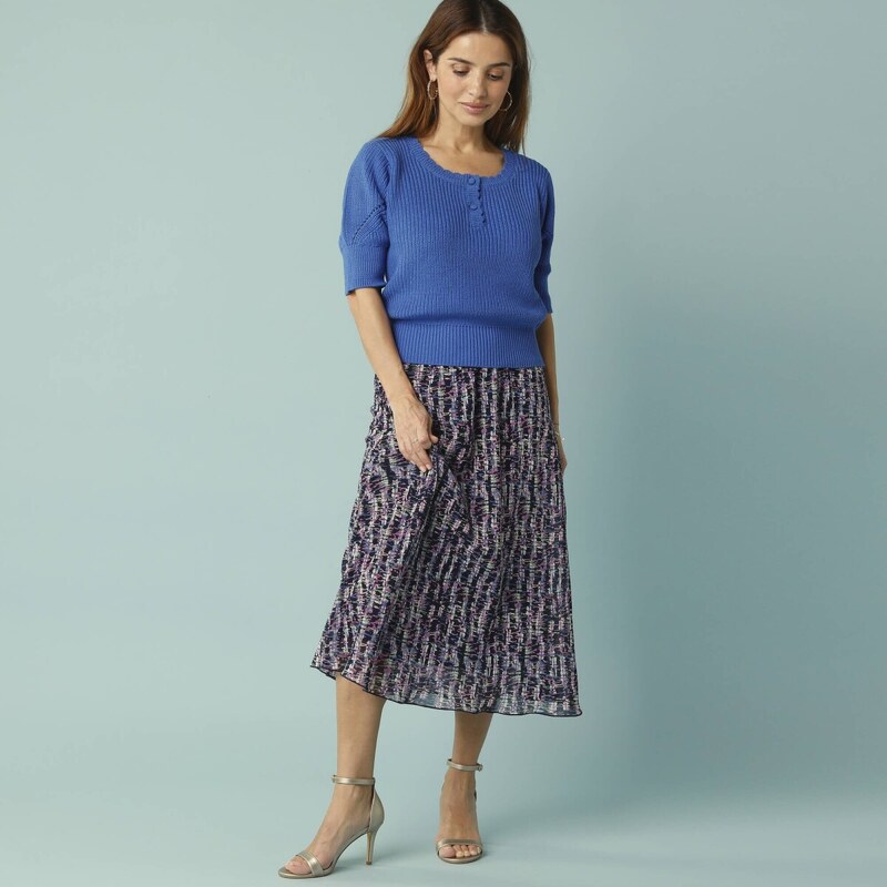 Midi rozšírená sukňa s potlačou, pre nižšiu postavu nám. modrá/ražná 63012084