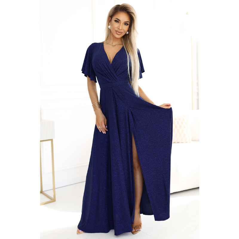 miadresses.sk Tmavomodré trblietavé šaty s rozparkom 63013890