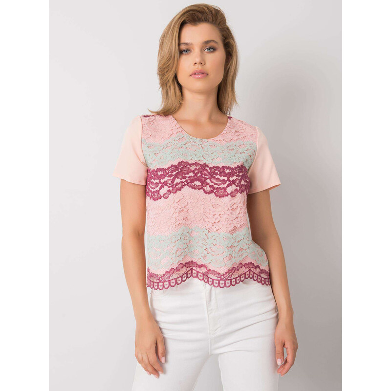 BASIC Červeno-béžové dámske tričko s pruhmi LK-BZ-506276.07P-beige 25502086