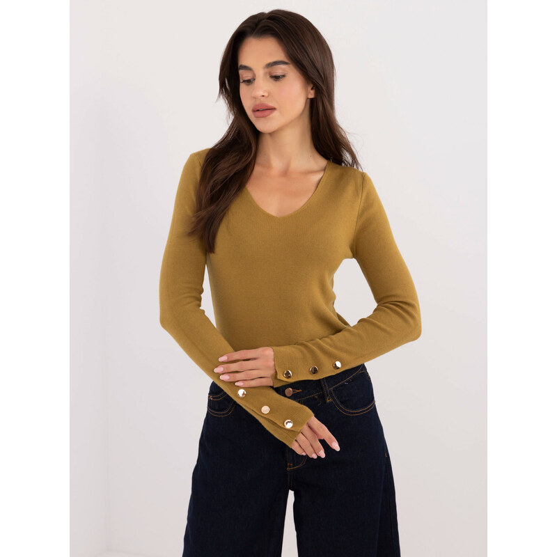 ITALY MODA Olivový sveter s V výstrihom a ozdobnými cvočkami AT-SW 57956338