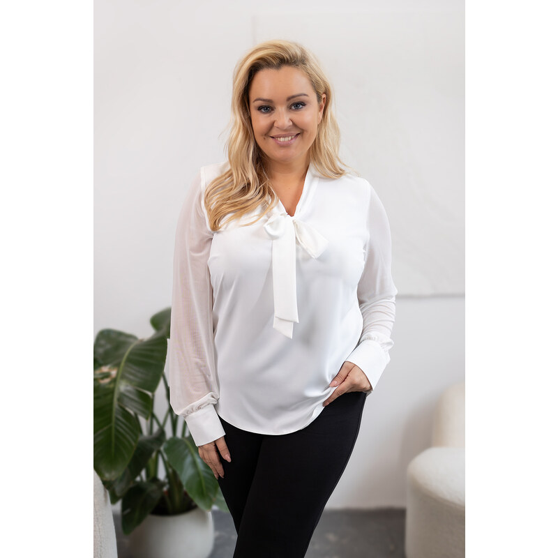 (veľ. 46/48) Elegantný top s mašľou a šifónovými rukávmi biely 63884856