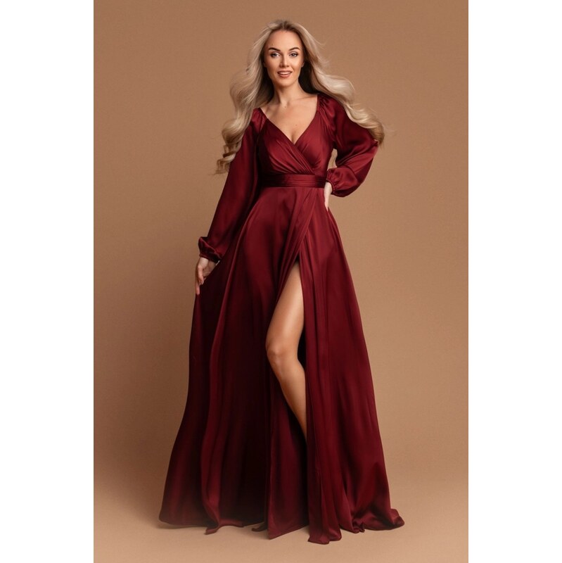 miadresses.sk Bordové saténové šaty s rozparkom 63033843