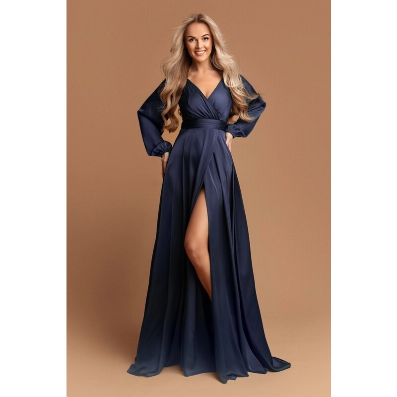 miadresses.sk Tmavomodré saténové šaty s rozparkom 67280273