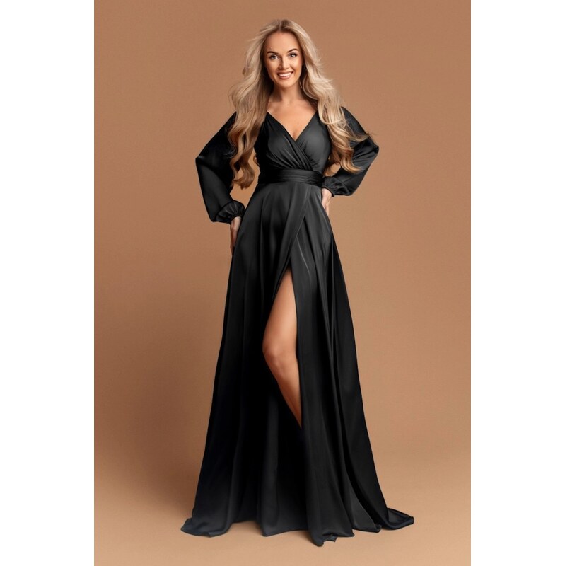 miadresses.sk Čierne saténové šaty s rozparkom 63033845