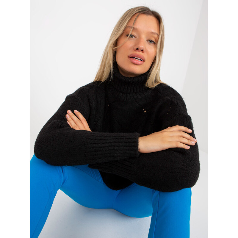 RUE PARIS Čierny oversized svetrík s rolákom -LC-SW-3019.05P-black 57950753