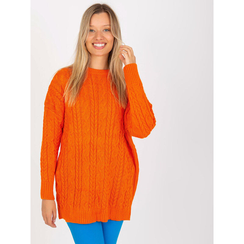 RUE PARIS Oranžový dlhší sveter s vrkočovým vzorovaním LC-SW-8010.22P 57950821