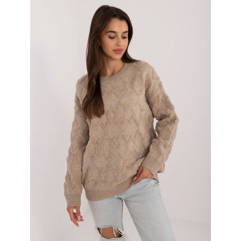 ITALY MODA Béžový dámsky sveter s okrúhlym výstrihom AT-SW-2361.61 57956094