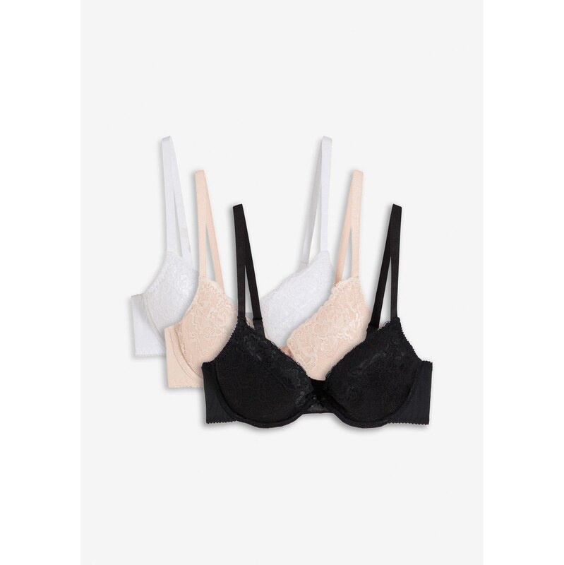 bonprix Push-up podprsenka s jemnou čipkou (3 ks), farba biela 63079064