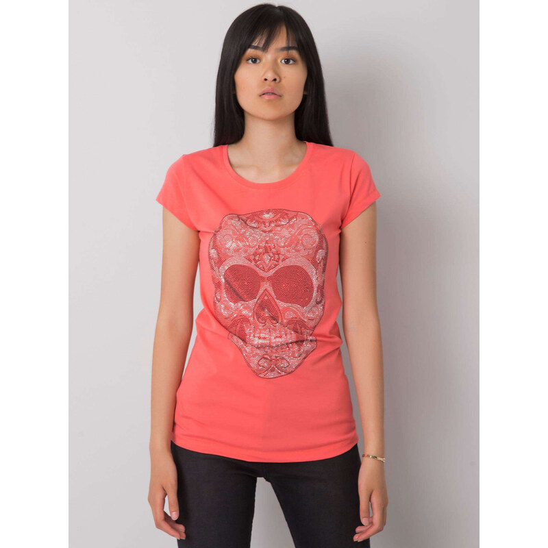 BASIC Červené dámske tričko s motívom lebky EM-TS-ES-21-532.18-coral 24927535