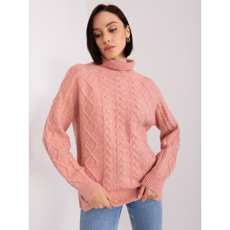 ITALY MODA Ružový vrkôčikový sveter s rolákom -AT-SW-2355-2.19P-pink 57953835