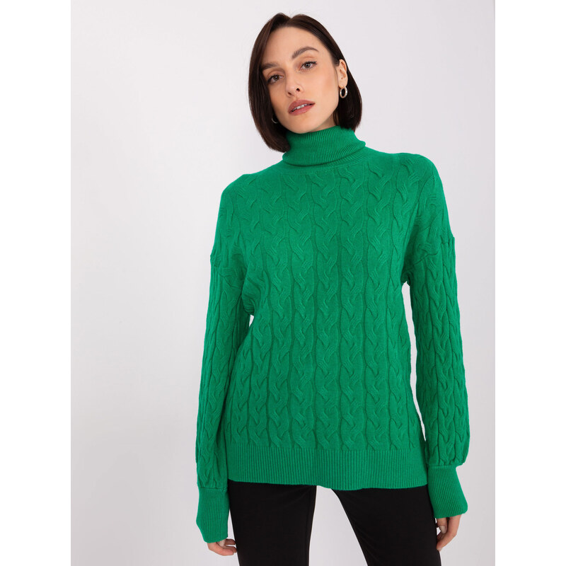 ITALY MODA Zelený vrkôčikový sveter s rolákom AT-SW-2348.95-green 57955821