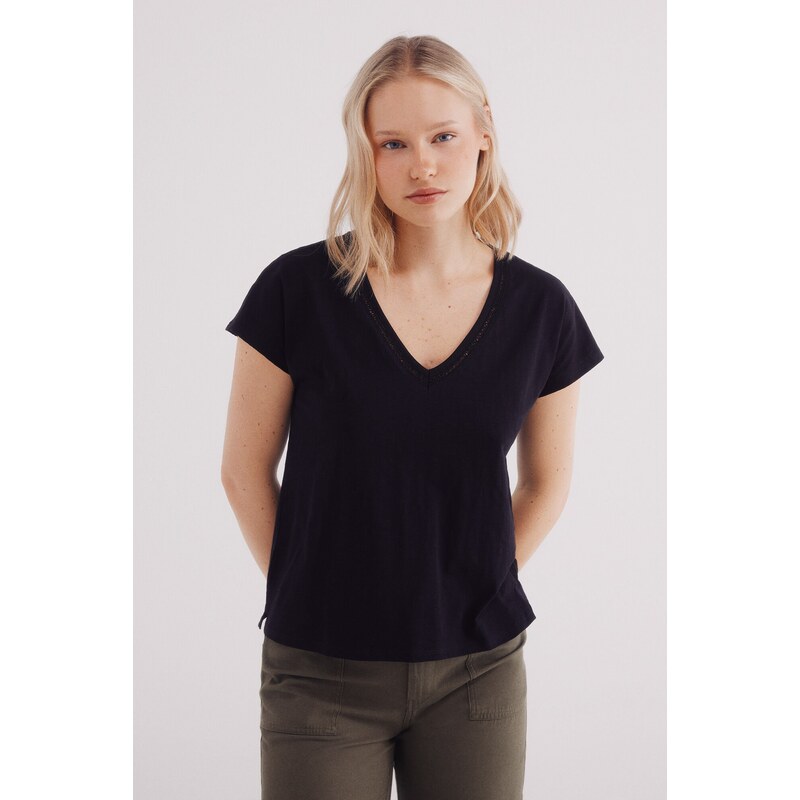 SPRINGFIELD Dámske bavlnené tričko s háčkovaným detailom 63062814