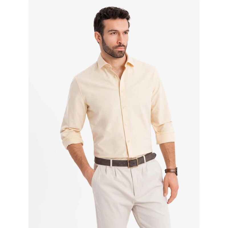 Ombre Clothing Trendy pánska pastelová žltá košeľa s dlhým rukávom V3 63072191