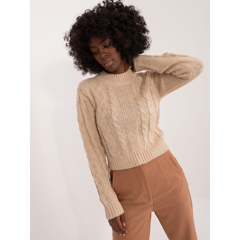 BASIC Béžový sveter s vrkočovým vzorom TW-SW-3001.05-beige 49064198
