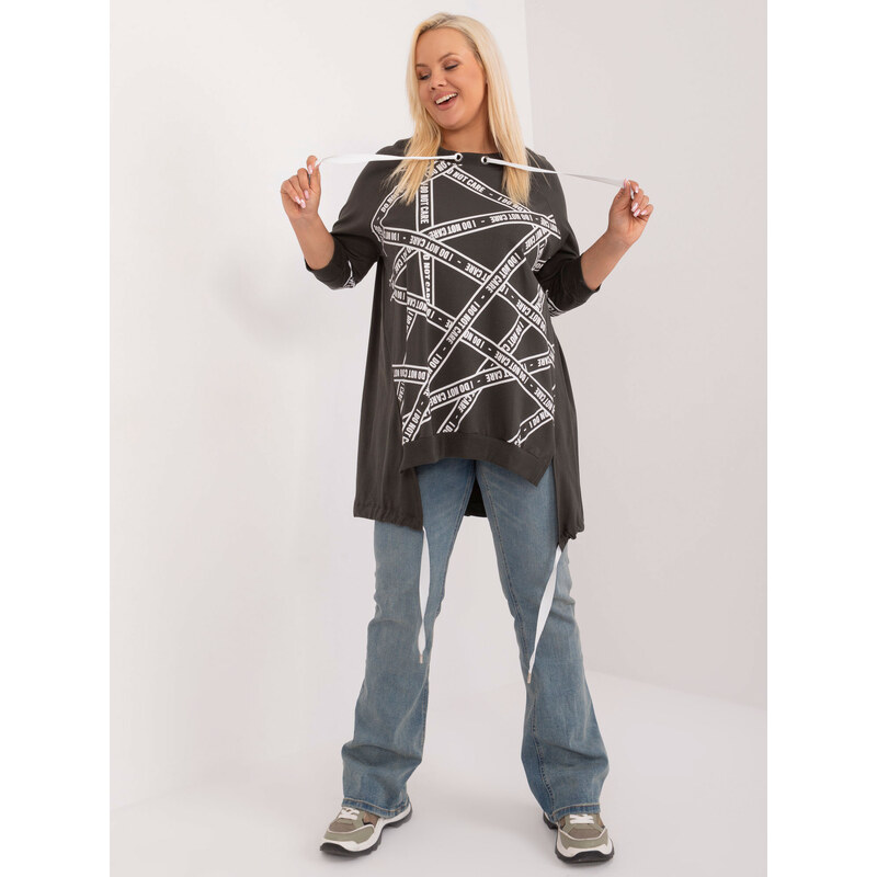 RELEVANCE Tmavá khaki mikinová tunika s potlačou a 3/4 rukávom RV-TU 57955734