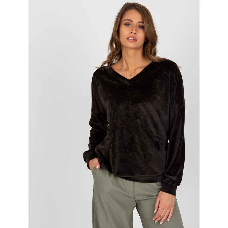 RELEVANCE Čierna velúrová mikina s výstrihom RV-BL-8441.07P-black 57951113