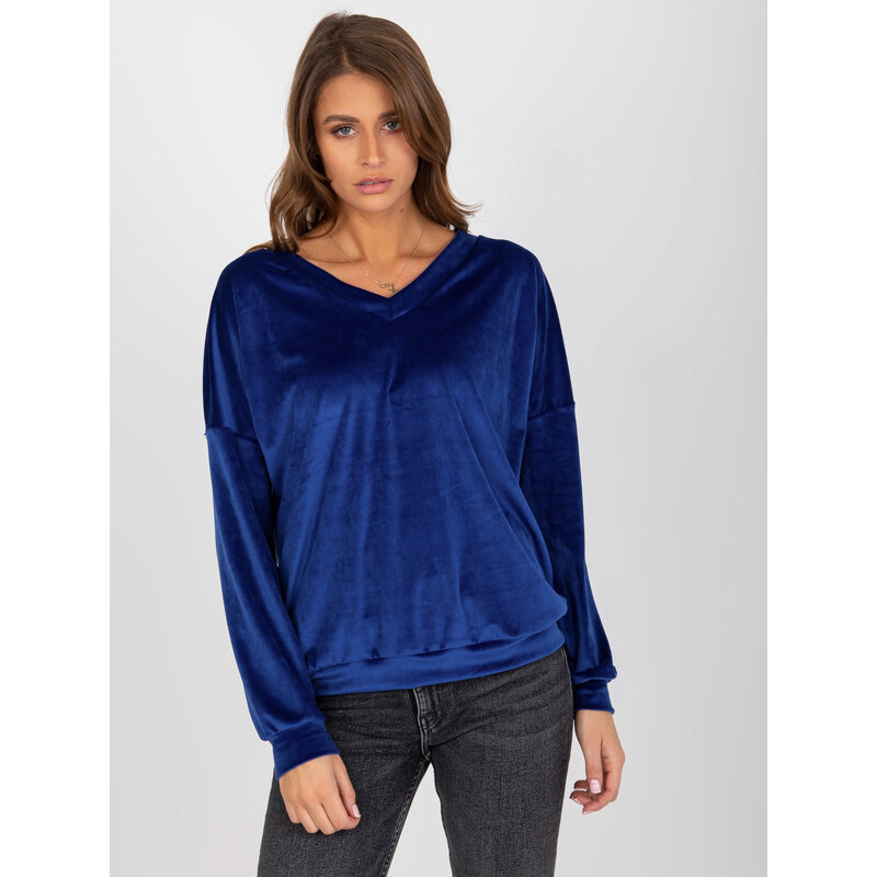 RELEVANCE Tmavomodrá velúrová mikina s výstrihom RV-BL-8441.07P-kobalt 57951112