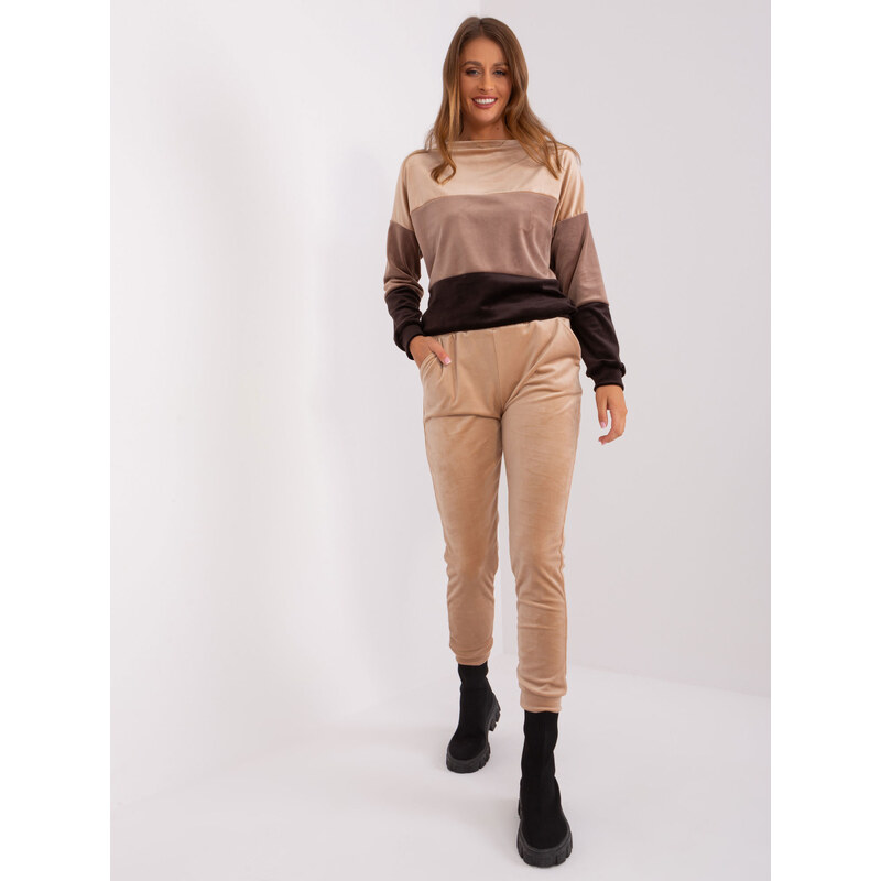 RUE PARIS Béžovo-hnedá velúrová tepláková súprava -WN-KMPL-8214.31 57953640