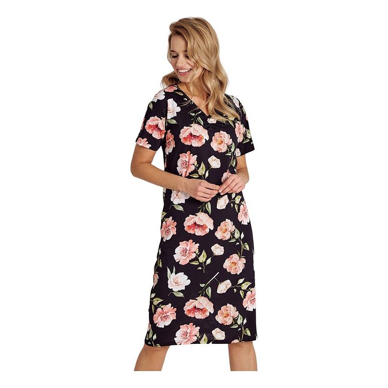 Taro Nočná košeľa Peony čierna s kvetmi 48749366