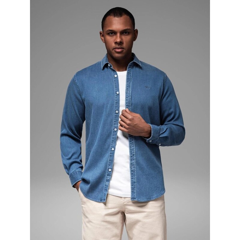 Ombre Clothing Trendy modrá rifľová košeľa s logom V2 SHDS-0180 63087988