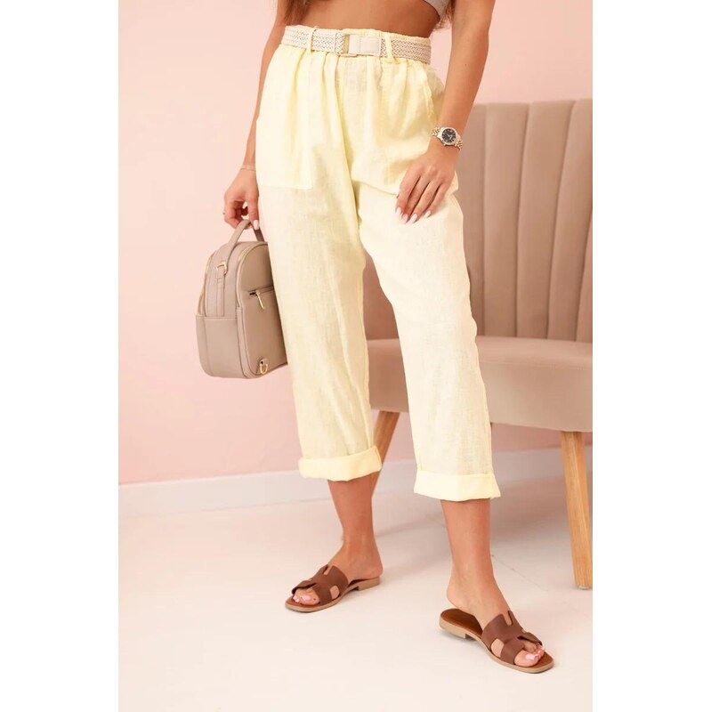 MladaModa Ľanovo-bavlnené nohavice s opaskom model 52888 svetlé žlté 63090507