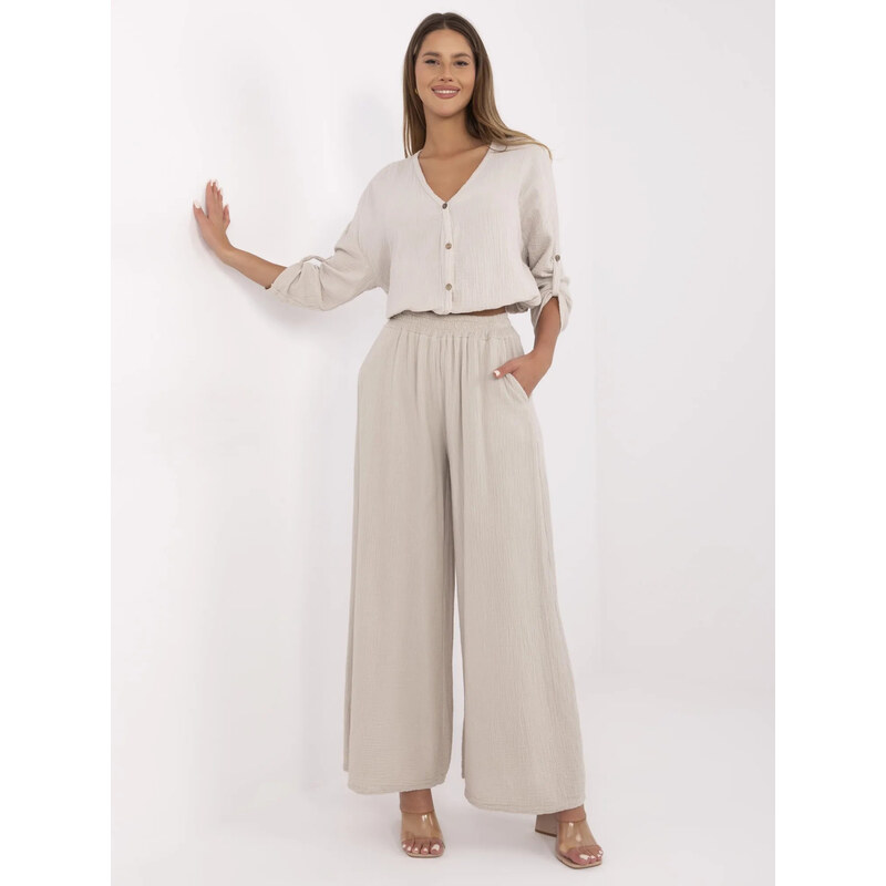 ITALY MODA Béžové dámske široké mušelínové nohavice MI-SP-2563.84 68472564