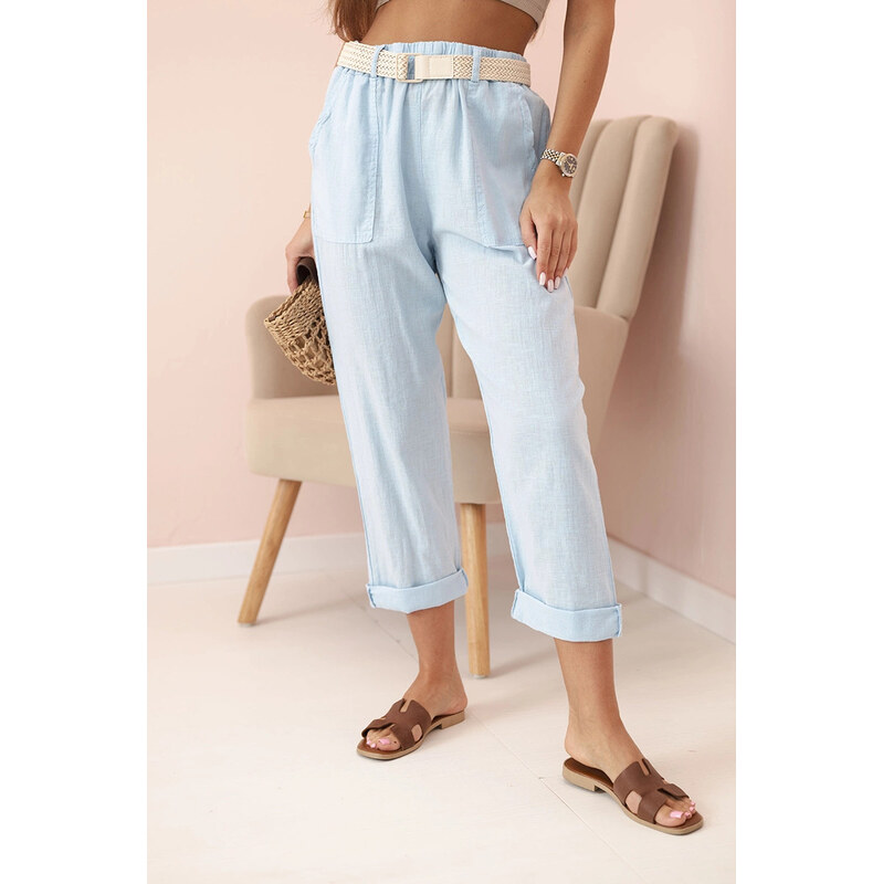 K-Fashion Dámske ľanové nohavice s bavlnou a opaskom modré 63092521