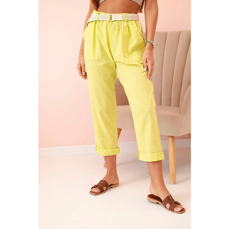 K-Fashion Dámske ľanové nohavice s bavlneným a kiwi opaskom 63092523