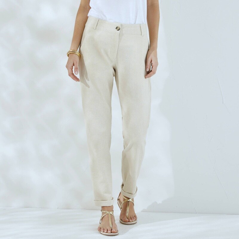 Chino nohavice s pružným pásom zo zmesi bavlny a ľanu s trbletom s 63106504