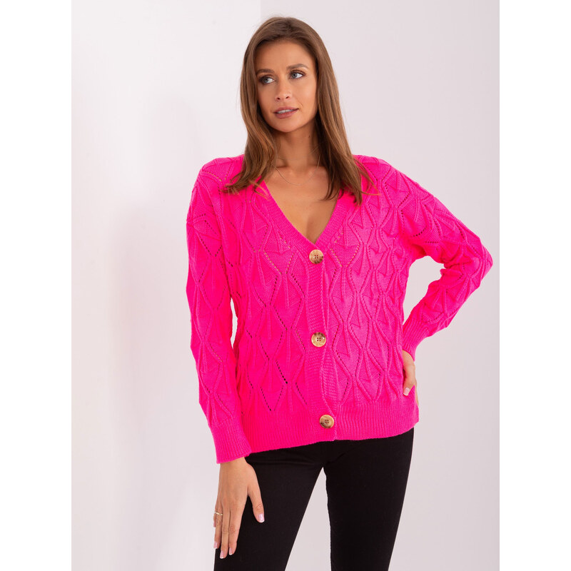 BASIC Neónovo ružový sveter na gombíky s výstrihom do V BA-SW-8035-1 46603157