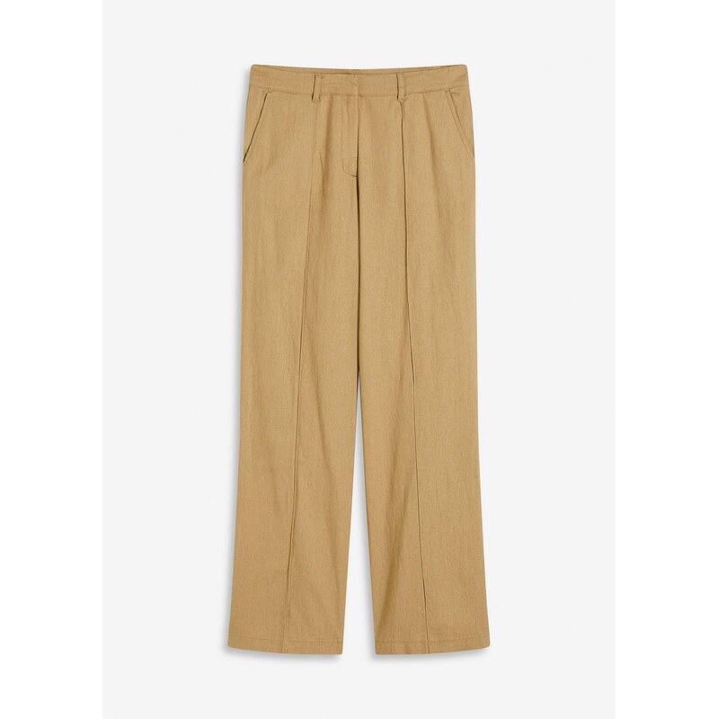 bonprix Nohavice s vysokým pásom s pukmi s ľanom, farba hnedá 63109981