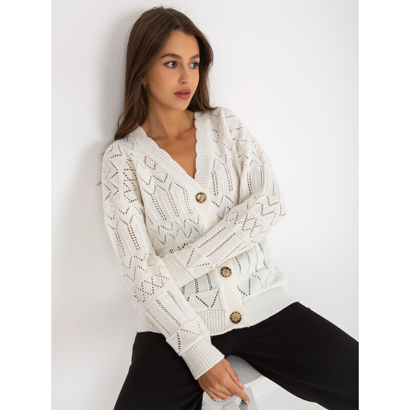 RUE PARIS Smotanový háčkovaný sveter na gombíky LC-SW-8022.04P-ecru 57950829