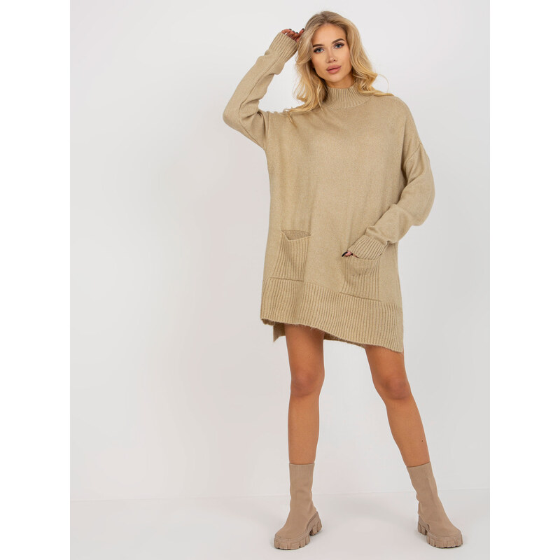 BASIC Béžový dlhší sveter s vreckami RV-SW-7051.95P-beige 37266399