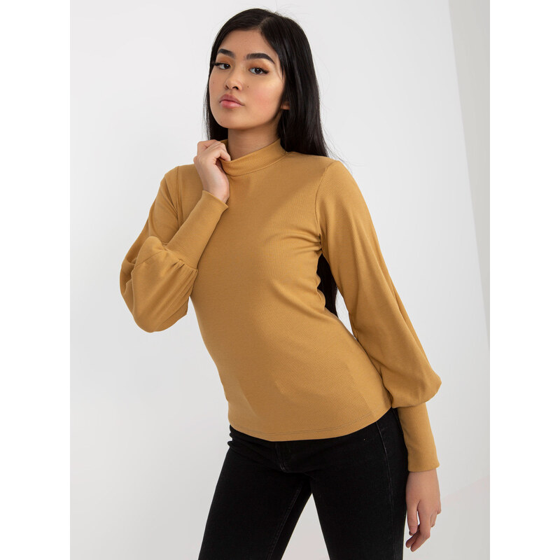 RUE PARIS Béžové rebrované tričko s balónovými rukávmi -RV-BZ-5223.15 57951295