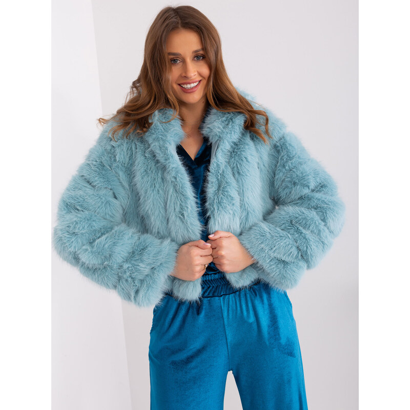 ITALY MODA Svetlomodrý krátky kožúšok s kapucňou -AT-KR-2378.97P-mint 57954084