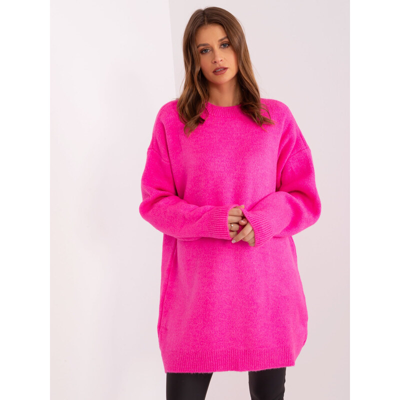 RUE PARIS Neónovo ružový dlhý sveter LC-SK-0568.70P-fluo pink 57954587
