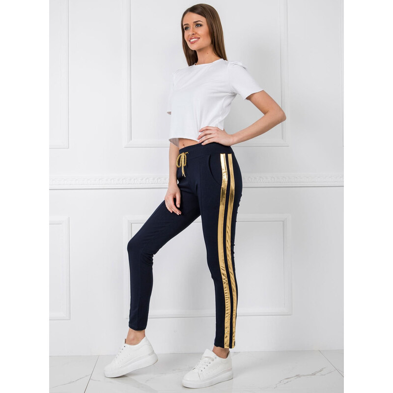 BASIC Dámske tmavomodré tepláky so zlatými pruhmi -RV-DR-5408.28P-dark 19307225