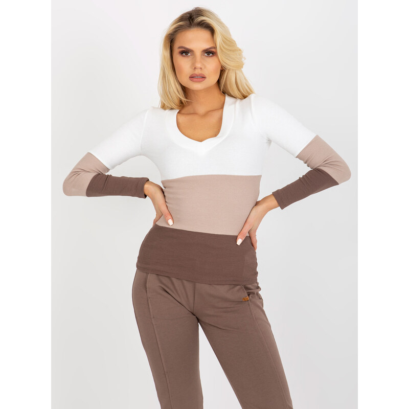 RUE PARIS Hnedo-biele dámske tričko s výstrihom RV-BZ-8431.31X-white 57955842